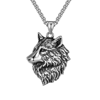 Mens Stainless Chain Necklace Wolf Head Stainless Steel Pendant Necklace