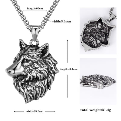 Mens Stainless Chain Necklace Wolf Head Stainless Steel Pendant Necklace