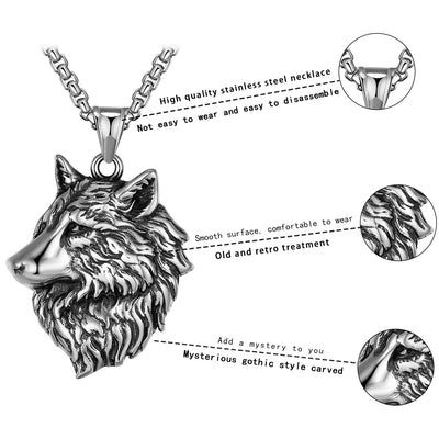 Mens Stainless Chain Necklace Wolf Head Stainless Steel Pendant Necklace