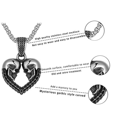 Stainless Steel Necklace Men's Stainless Steel Heart and Skulls Pendant Necklace