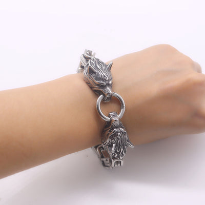 Men's Biker Bracelet 316L Stainless Steel Link Bracelet with Wolf Head